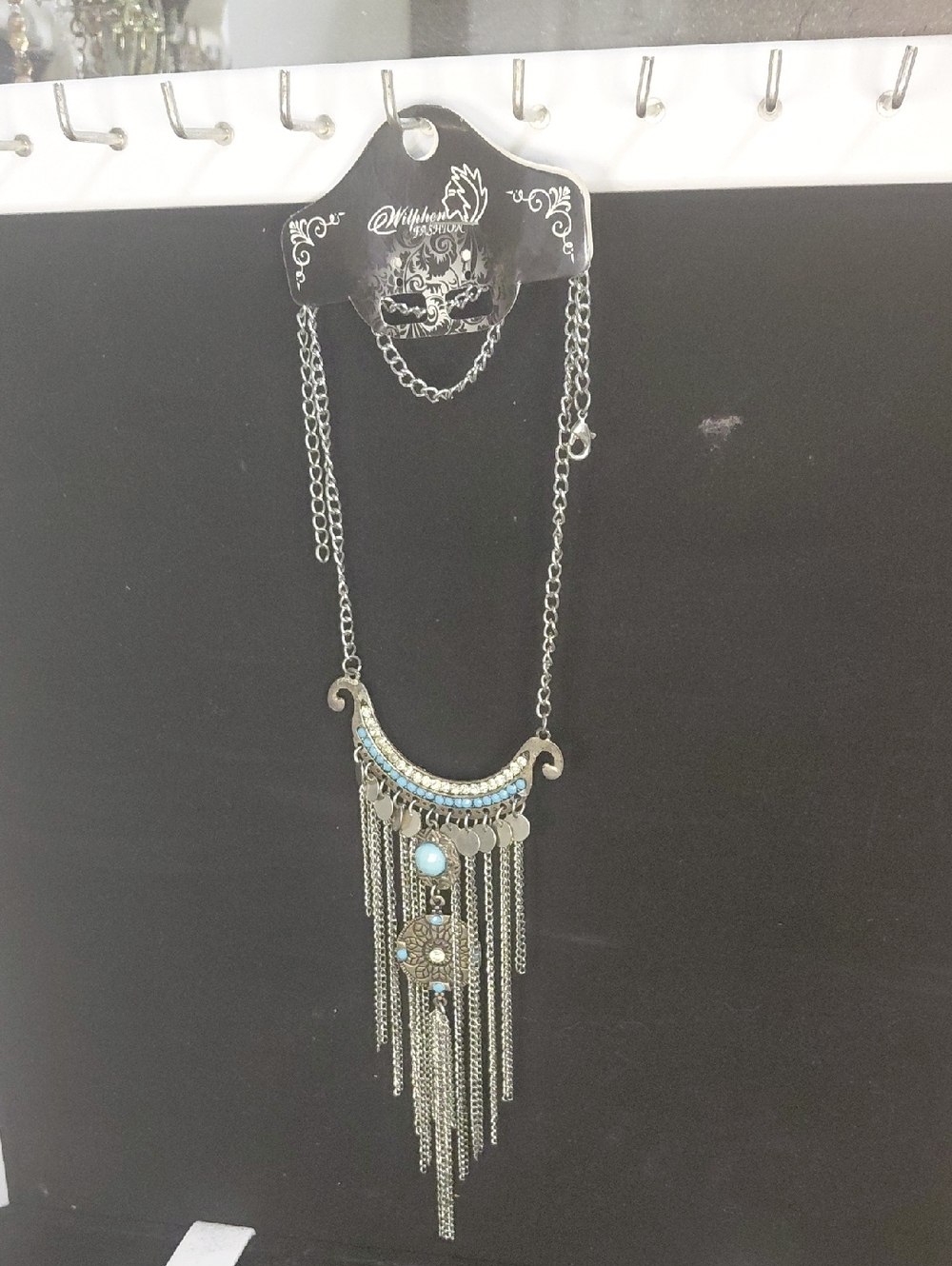 Boho Silver-Tone Turquoise Fringe Pendant Necklace